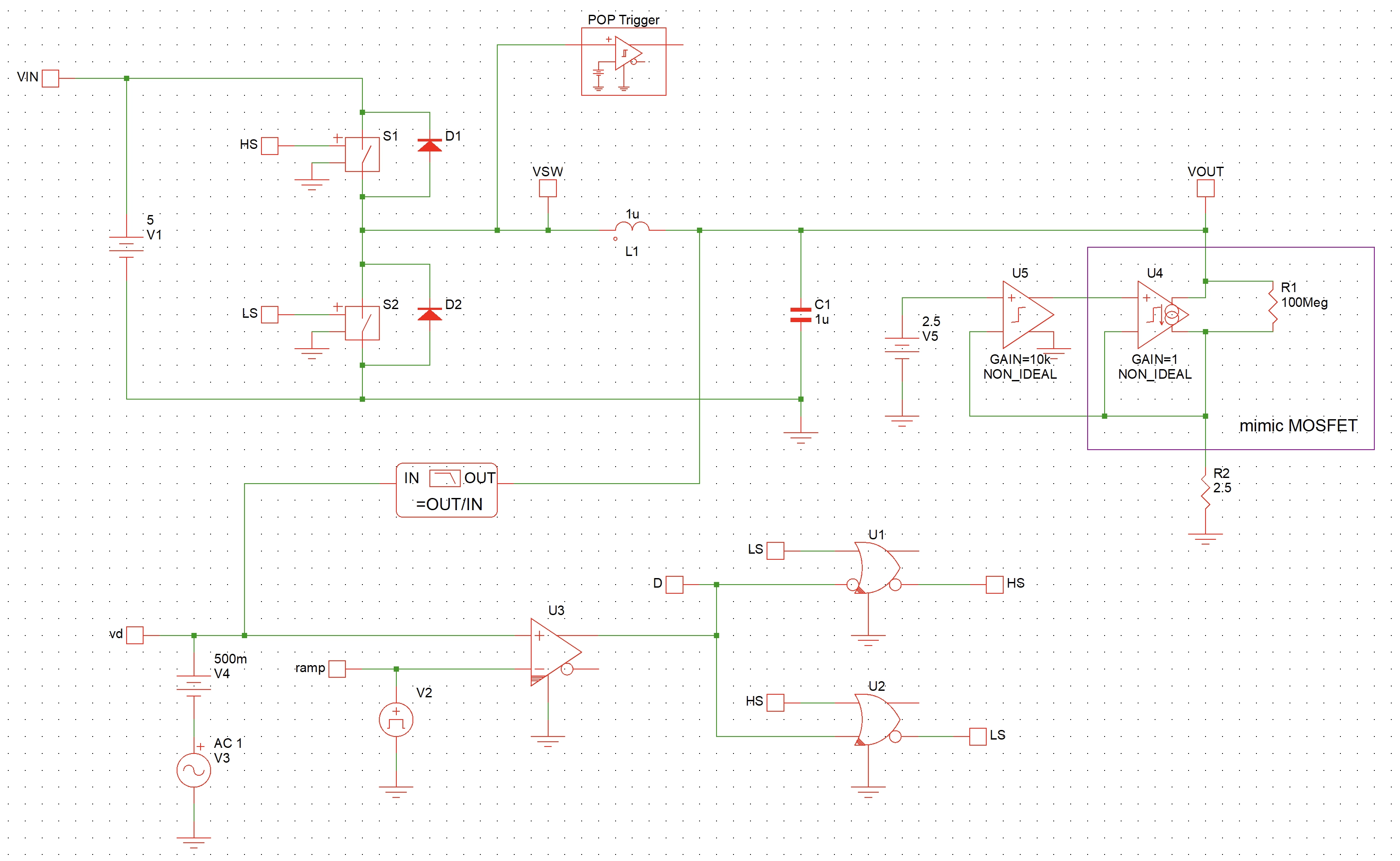 Buck converter model in Simplis with active load at its output